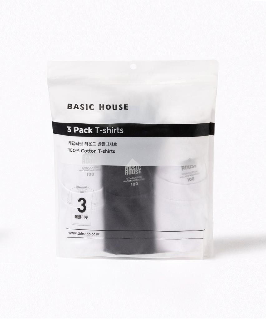 BASIC HOUSE [3 шт.] Uni Чистый хлопок 30-й счет Bci Круглый вырез Однотонная футболка с коротким рукавом (3 шт.)_4 Цвета Lats0110 (Тип B)