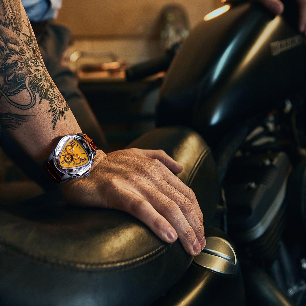 Jaragar Sport Fashion Design Геометрический треугольный корпус Коричневый кожаный ремешок 3 циферблата Мужские часы Лучший бренд Роскошные автоматические часы