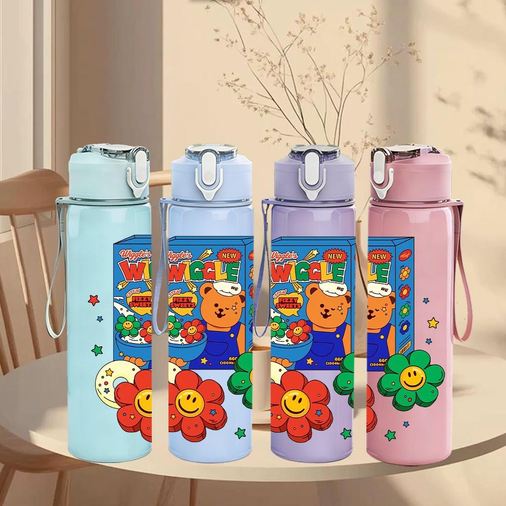 1PC Flower Gift Box Cartoon 750ml Color Plastic Sports Water Bottle Leakproof Flip Straw Lid Suitable for Sports Office Home Use