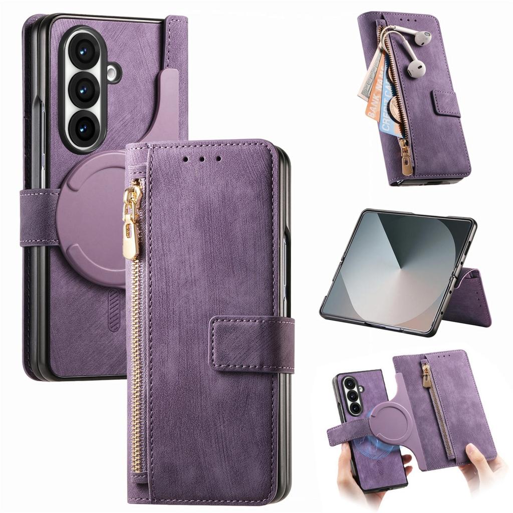 2 in 1 Magnetic Zipper Cards Solt Wallet Leather Phone Case for Samsung Galaxy Z Fold 8 Ultra 7 6 5 4 3 Wireless Charging Cover