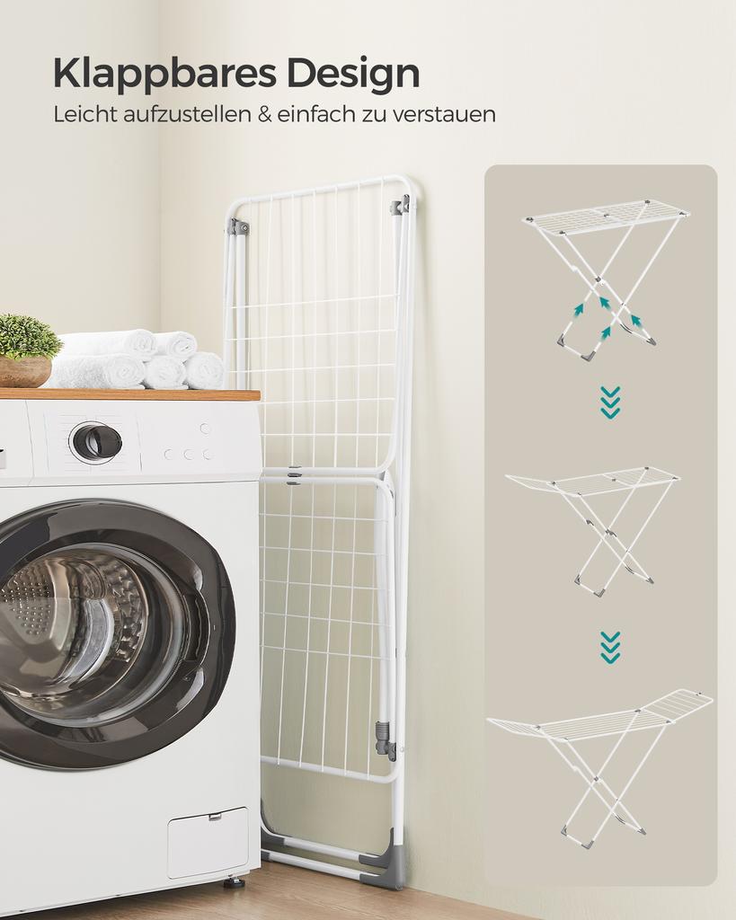 SONGMICS Clothes Drying Rack, Metal Laundry Drying Rack, Foldable, Space-Saving, Free-Standing Airer, with 2 Gullwings, Indoor Outdoor Use
