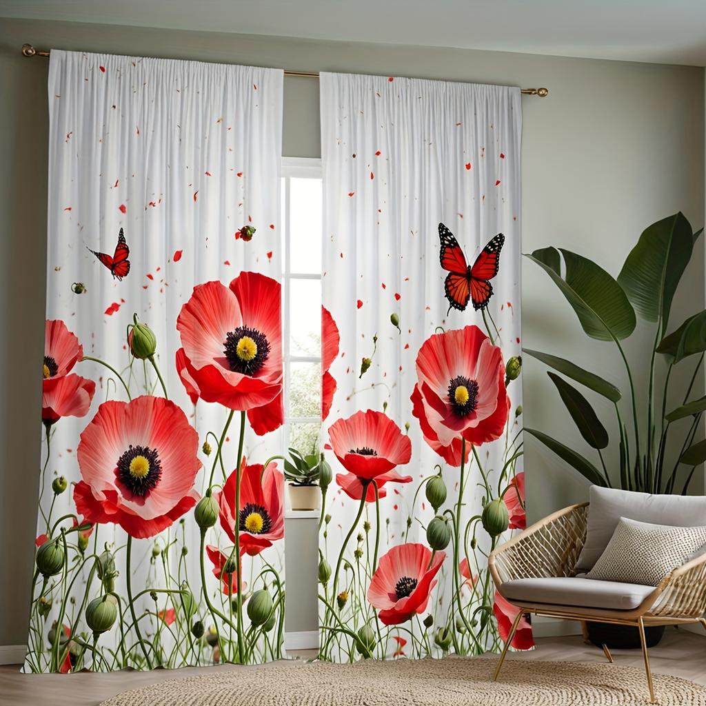 Red Poppy Curtains 2pcs – Realistic Flower & Butterfly Print, Romantic Garden Decor for Living Room and Bedroom
