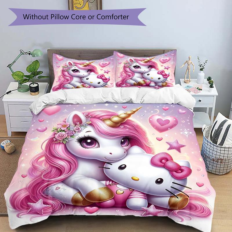 Unicorn With Hello Kitty Print 3Pcs Bedding Set,Duvet Cover with 2 Bedro,Pillowcase Home Birthday Gift