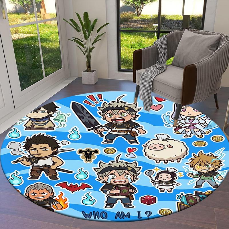 Black Clover Round Area Rug Carpet Rug For Living Room Bedroom Sofa Playroom Decor Nonslip Floor Mat