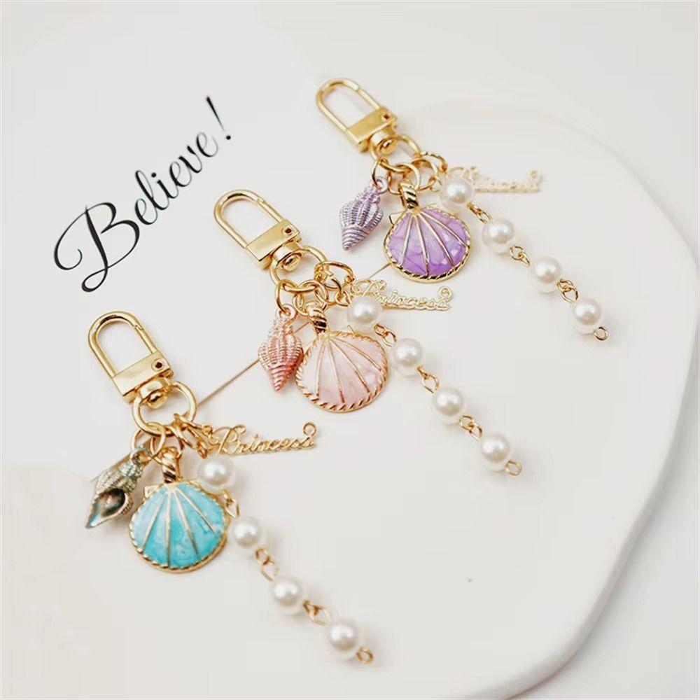 2PCS Pearl Tassel Pearl Tassel Keyring Conch Shape Headphone Case Pendant For Princess Girls