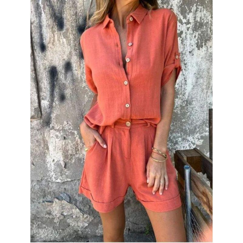 Collar Shirt Solid Color Shorts Set Lapel Shirt Pure Color Casual Shorts Suit