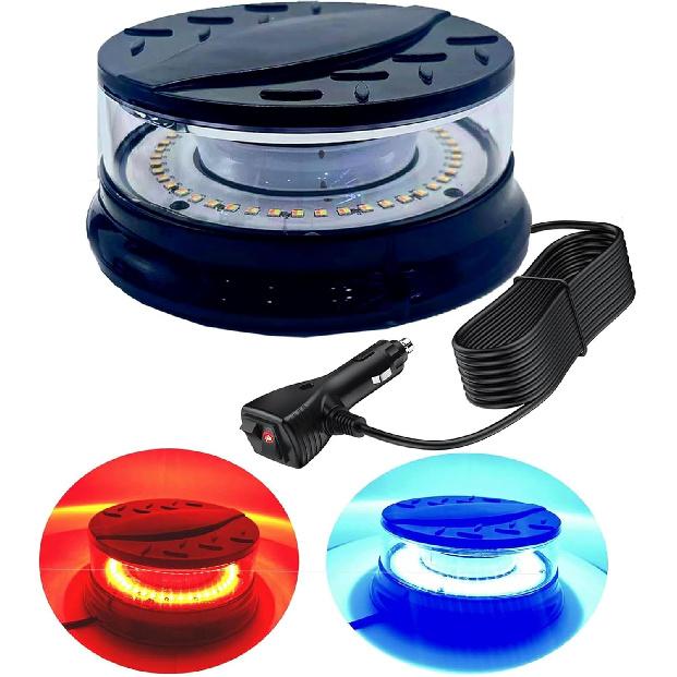 TOPKU 4.7" LED Rotating Beacon Strobe Light with 48 LEDs, Magnetic Suction Cup Base, 12-24V, 80W Power Supply, Brilliantly Bright and Compact (Blue
