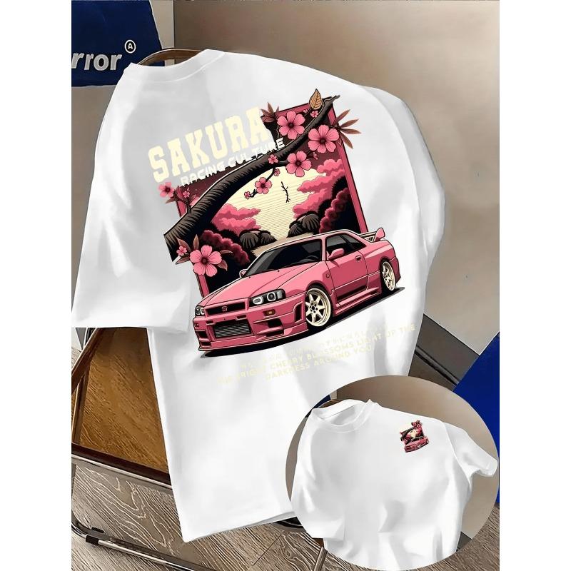 Мужская футболка с графическим принтом Sakura Racing Culture - Ретро уличный стиль, Мягкая и дышащая, Яркий дизайн принта, Круглый вырез, Короткий рукав, Летняя рубашка