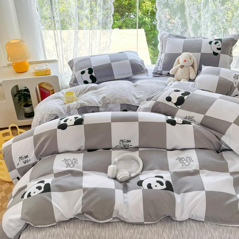 Cute Panda Duvet Cover Twin Queen Size for Kids Girls Boys Room Decor,Gray Grid Bedding Set 3pcs,Cartoon Animals Comforter Cover