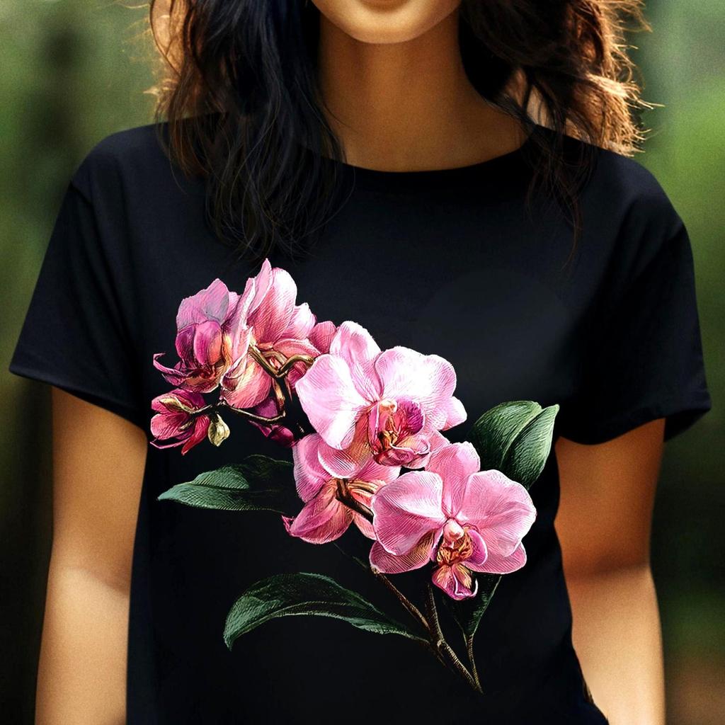 Baby Pink Orchid Branch Floral Shirt, Artistic Botanical Womens Tee