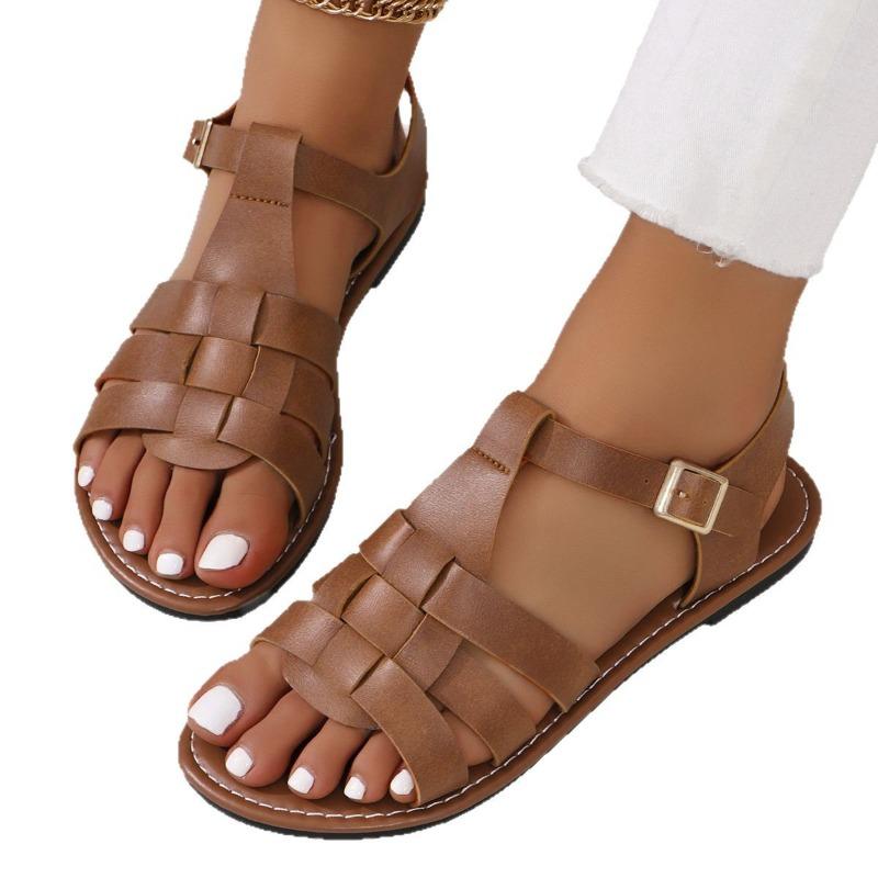 Большие размеры сандалии с пряжкой на ремне и плоским дном, однотонные пляжные сандалии, тапочки