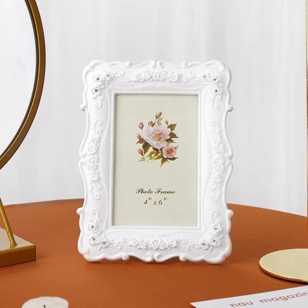 Rose Embossed Photo Frame White Desk Photo Frame Elegant Resin Frame For Bedroom Office Desk