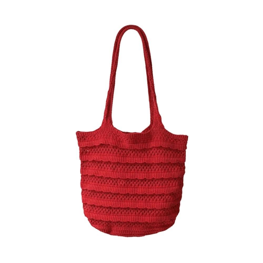 Trendy Sweet Knitted Tote Bag Breathable Lightweight Crochet Shoulder Bag Solid Color Polyester Seaside Vacation Handbag School