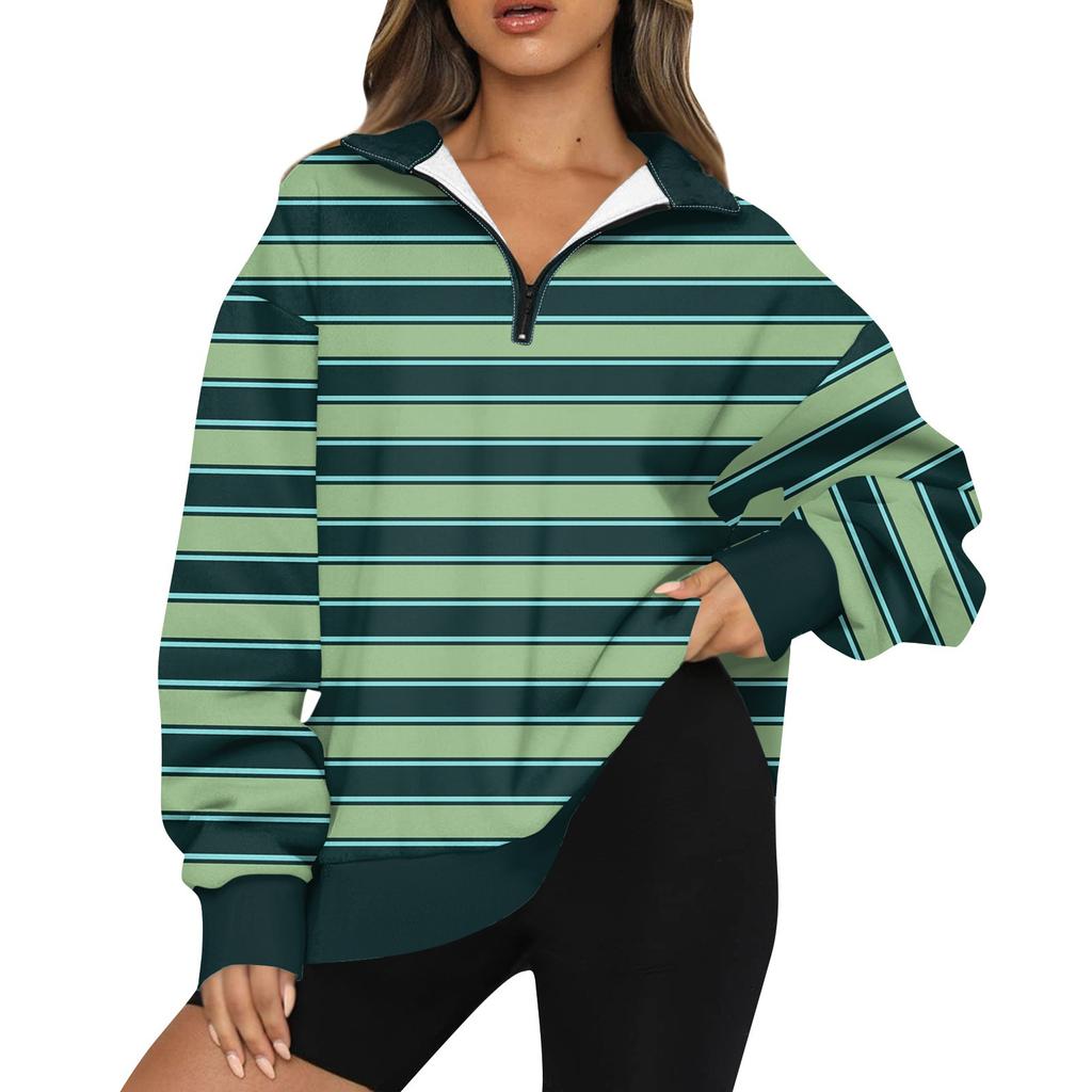 Women's Fashion Lapel Striped Printed  Long Sleeve Zip Sweatshirt Top