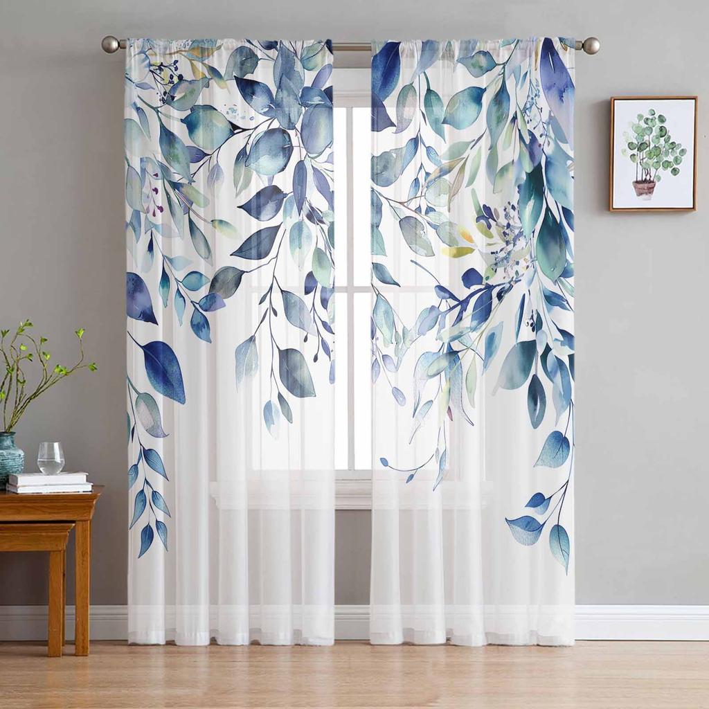 Abstract Sage Green Leaves Branches Sheer Curtains for Living Room Decoration Window Curtain Kitchen Tulle Voile Organza Drapes