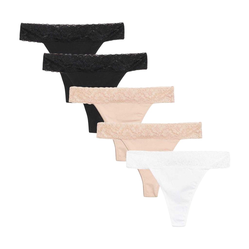 Be You Womens/Ladies Lace Trim Cotton Thong (Pack of 5)