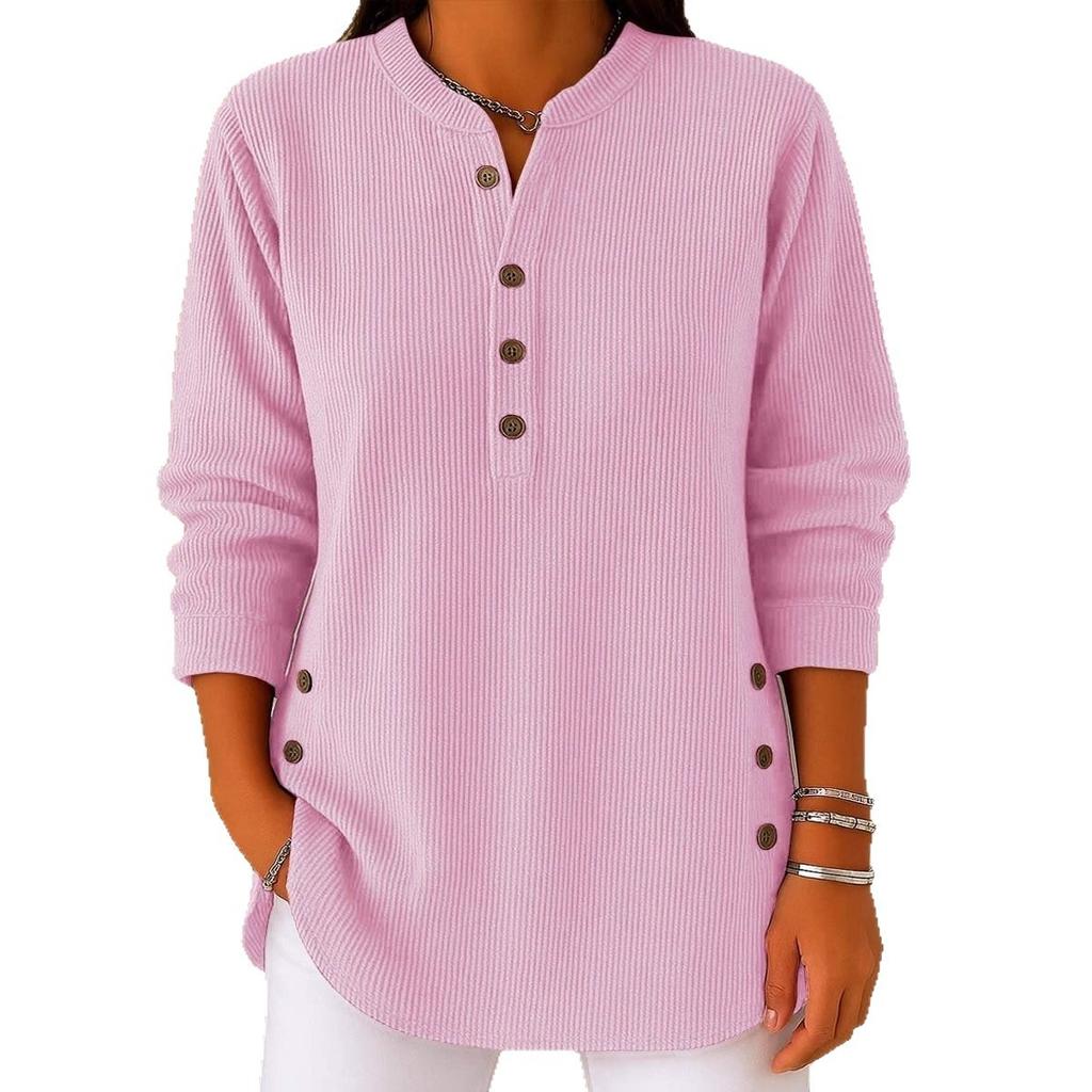 Осень Зима 2025 Новая Женская Однотонная Свободная Футболка Топ с V-образным вырезом на пуговицах и длинным рукавом в стиле кэжуал для Европы Америки