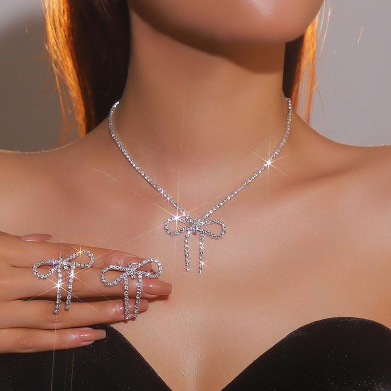 1Set Elegant Shiny Bow Earrings Necklace Set For Women Girls Vintage  Necklace Earrings Jewelry Accessories Gifts