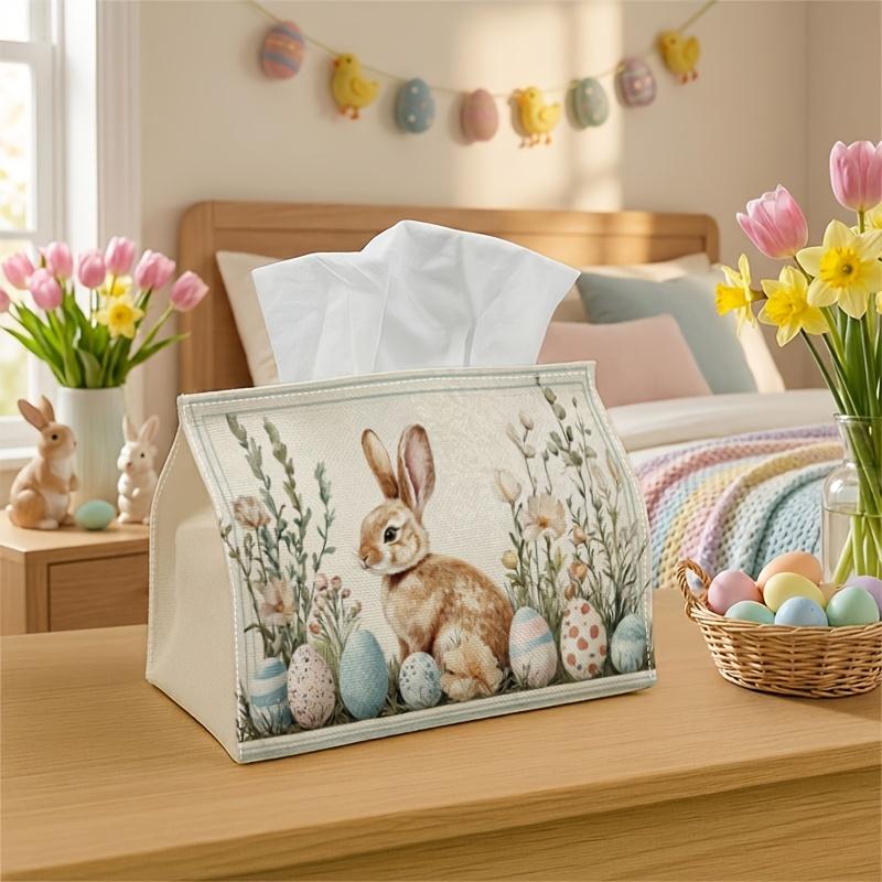 1pc Botanical Pastoral Tissue Box with Bunny & Easter Egg Meadow - Spring Decor Storage Organizer Suitable for Kitchen, Living Room, Easter Basket - T