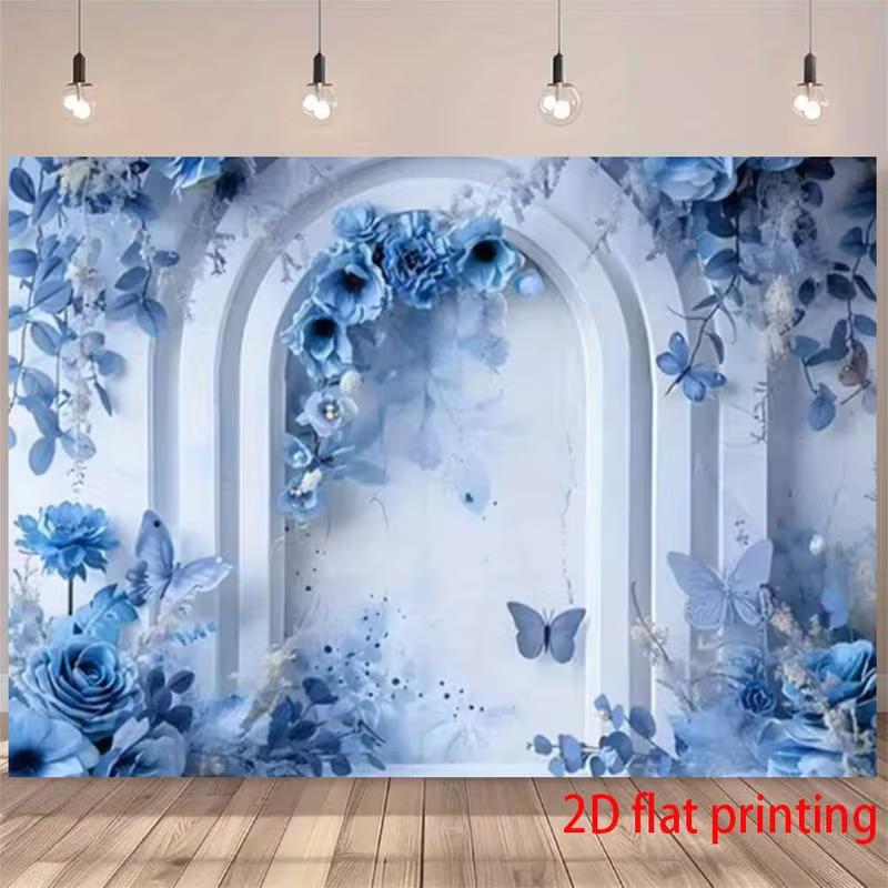 2D Blue Rose Butterfly Backdrop - Wedding Photography Background for Party