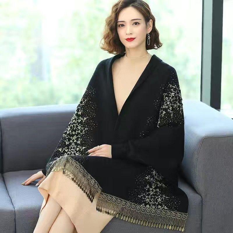 Versatile Scarf with Rhinestones for Women, Cheongsam Shawl, Imitation Cashmere, European and American Style, Hollowed-out Tassels, Thickened Cape