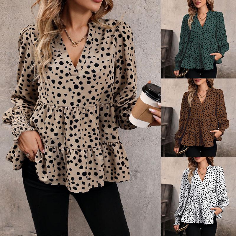 Women Fashion Long Sleeve V Neck Ruffles Leopard Printed Pullover Shirt Blouse Top