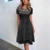 Женское модное платье с круглым вырезом, короткими рукавами и кружевной отделкой