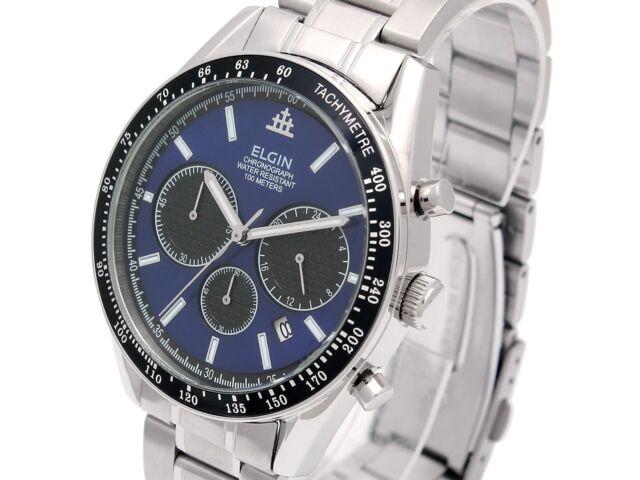 ELGIN Watch FK1401S-BL Men's Silver Stainless Steel Band, Case Date Indicator