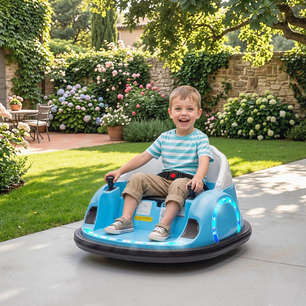 360 degrees Rotation Kids Bumper Car, 12V Waltz Car with Remote Control, Dual Joystick, Music, Lights, Light Blue