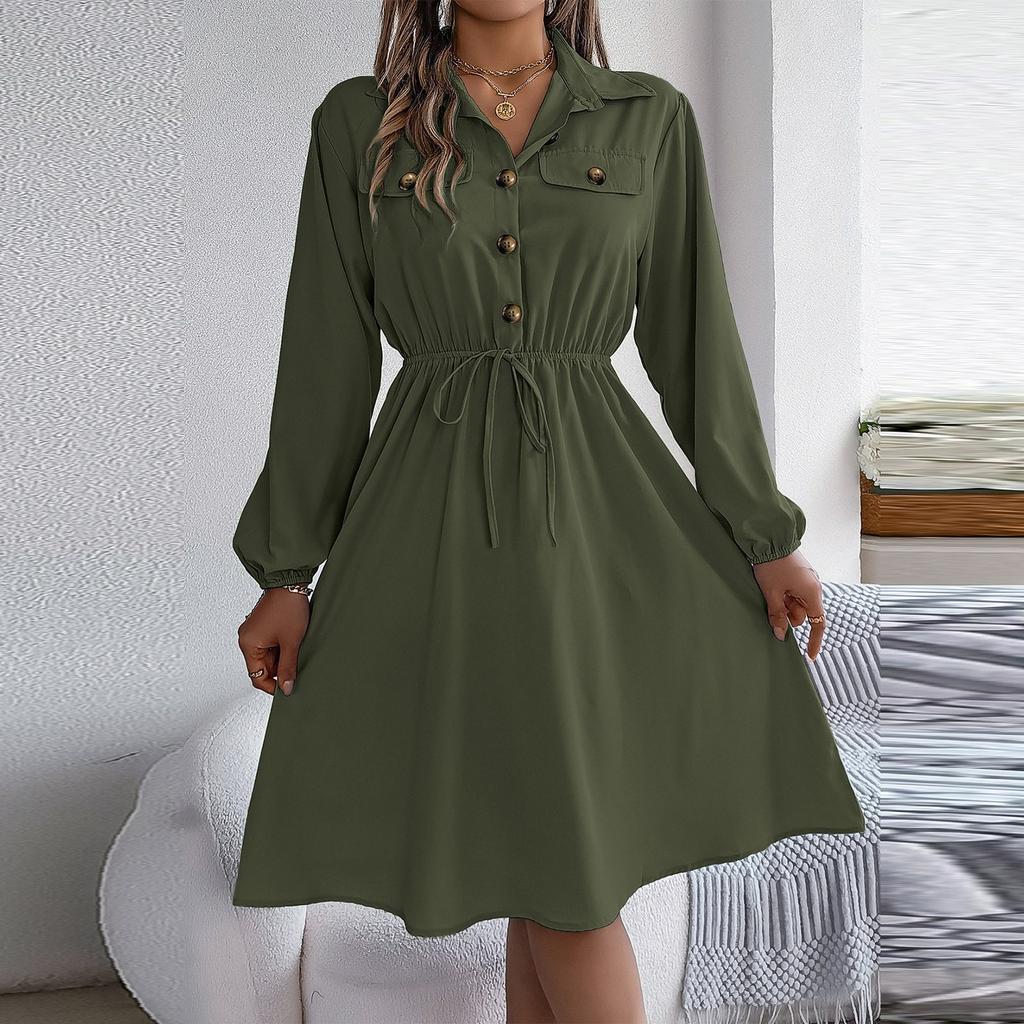 Женское модное ретро однотонное платье с длинными рукавами и завязками на талии и лацканами