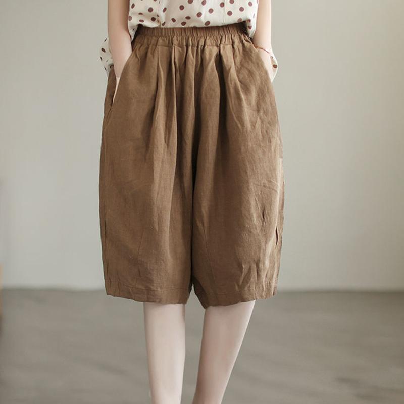 Литературные ретро-хлопковые и льняные однотонные простые повседневные брюки женские летние брюки с эластичной резинкой на талии большого размера с пятью точками