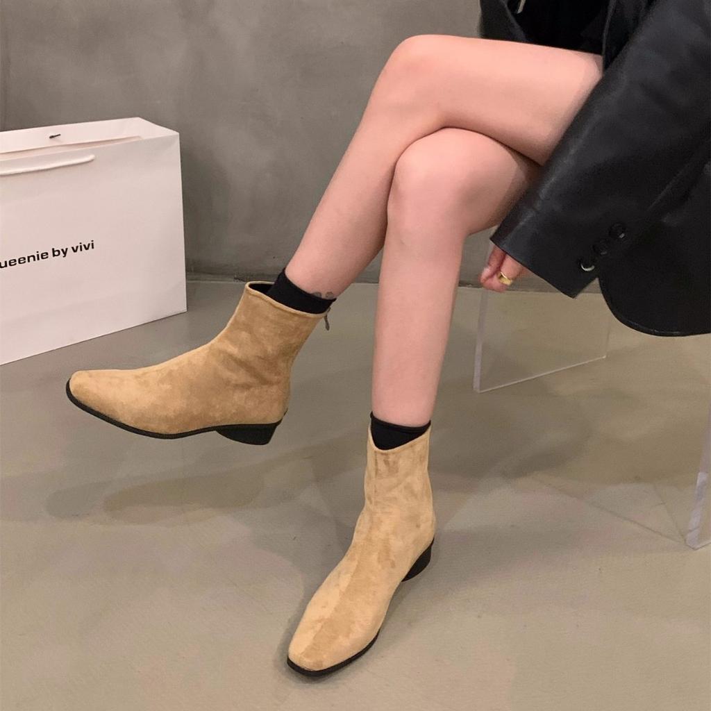 Туфли женские 2025 новые весенне-осенне-зимние бархатные тонкие короткие ботильоны Мартин на толстом каблуке с квадратным носком, корейские маленькие ботильоны