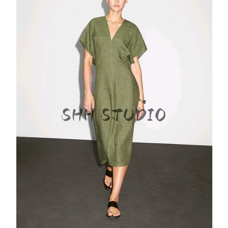 MD Summer New Arrival Women's Vacation Normcore Old Money Style Linen Blend V Neck Short Sleeve Long Dress 6616530