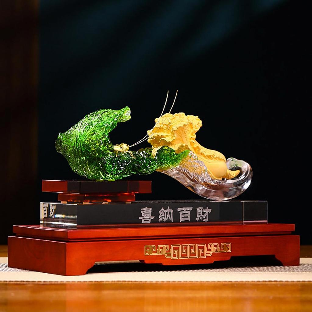 Aris & Juno Liuli & Flocked-Gold Cabbage Sculpture - Xi Na Bai CAI Chinese Wealth Symbol, Hand-Carved Glass Art with Wooden Base & Acrylic Display