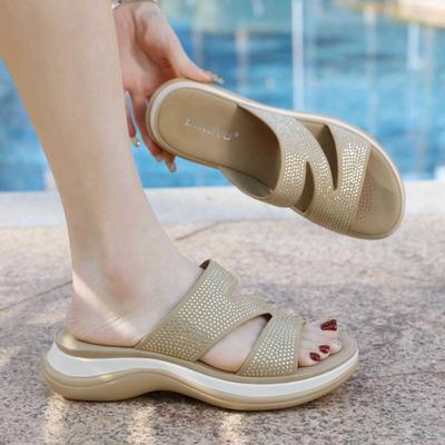 Модная обувь для женщин Летняя мода Слипоны Платформенные сандалии Клинья Удобные Стразы Женские сандалии Шлепанцы Женские