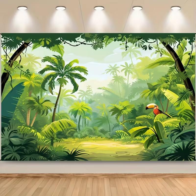2D Safari Party Backdrop Cartoon Jungle Forest & Toucan Background Cloth