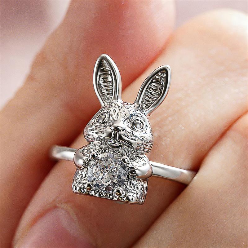 Huitan Rabbit Shaped Ring for Women Cute Wedding Party Trendy Accessories Inlaid Shining Cubic Zirconia Fresh Animal Jewelry