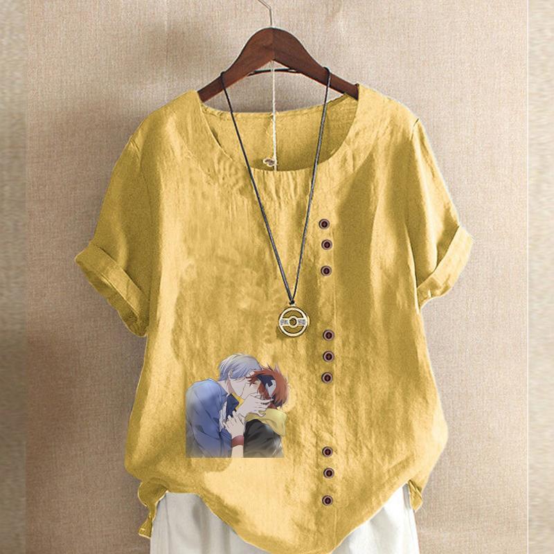 Women's Fashion Little Couple Prined Round Neck Short Sleeve T-shirt Casual Cotton Linen Graphic Shirt Leisure Loose Summer Blouse Tops