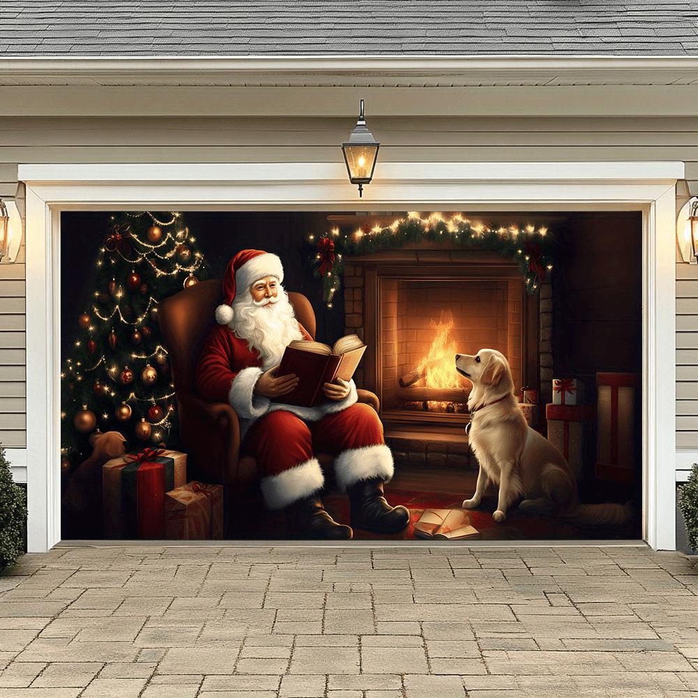 Santa with Fireplace Festive Garage Door Banner - Festive Polyester Outdoor Decor No Power Required