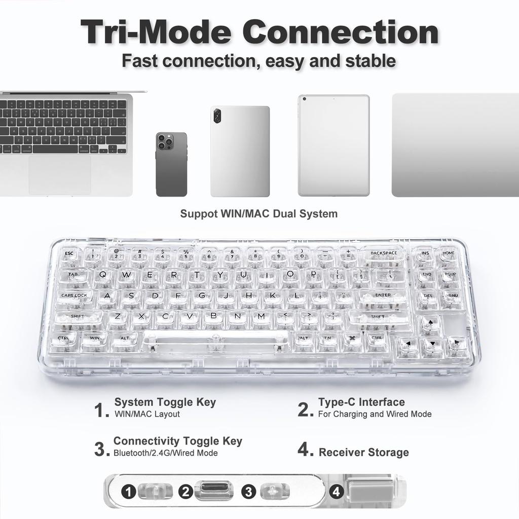 Механическая игровая клавиатура YUNZII X71 с прозрачными клавишами, раскладкой из 71 клавиши, беспроводной, с возможностью горячей замены, с прокладкой, оснащенной RGB-подсветкой для технического обслуживания