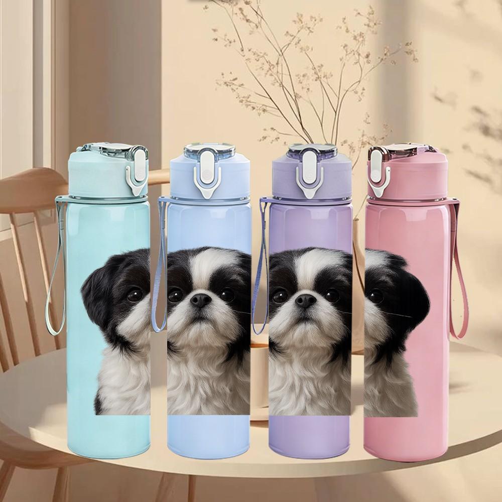 1PC Black White Spaniel Dog 750ml Color Plastic Sports Water Bottle Leakproof Flip Straw Lid Suitable for Sports Office Home Use