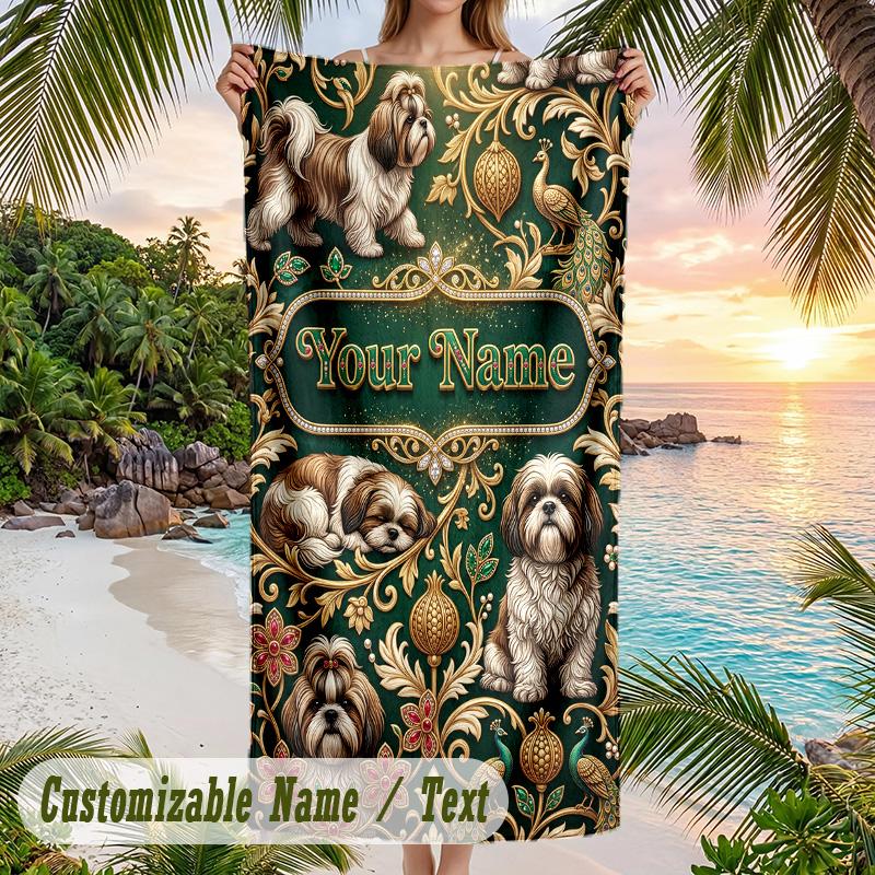 Dog Theme Beach Towel Personalized Custom Name & Text Soft Quick Dry Beach Towel for Swimming Travel