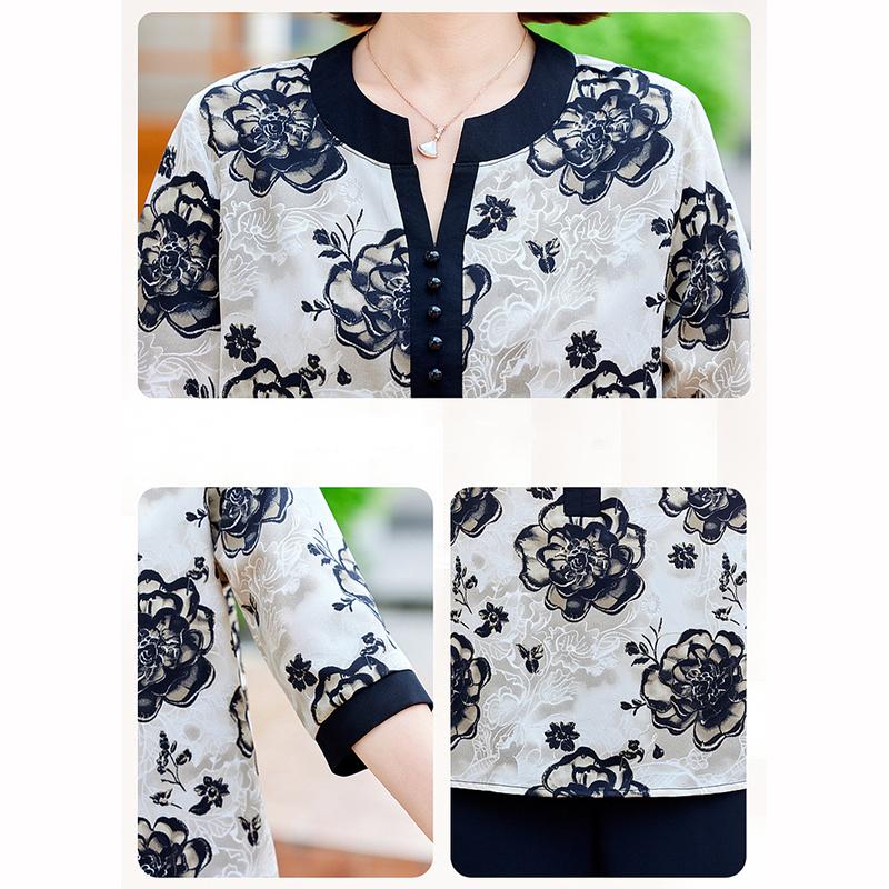 Летняя фрагментированная рубашка с V-образным вырезом для женщин среднего и пожилого возраста, благородный темперамент, увеличенная свободная посадка