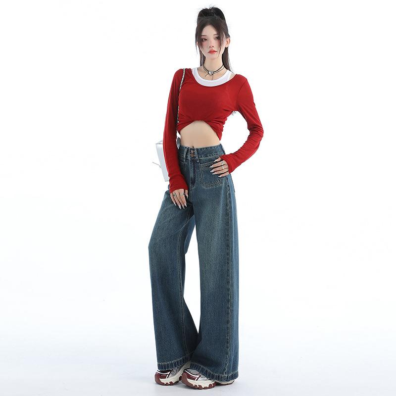 Dark blue high-waisted wide-leg jeans women's autumn new casual retro loose loose straight pants trendy