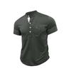Men Black Stand Collar Henley Neck Short Sleeve T Shirt With Chest Pocket Casual Summer