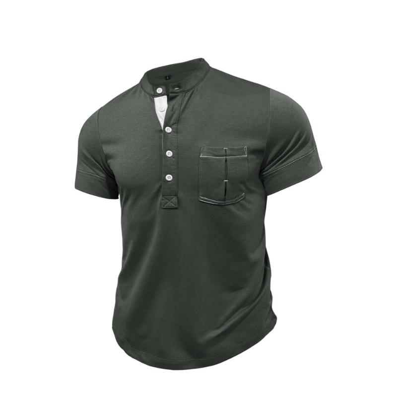 Men Black Stand Collar Henley Neck Short Sleeve T Shirt With Chest Pocket Casual Summer