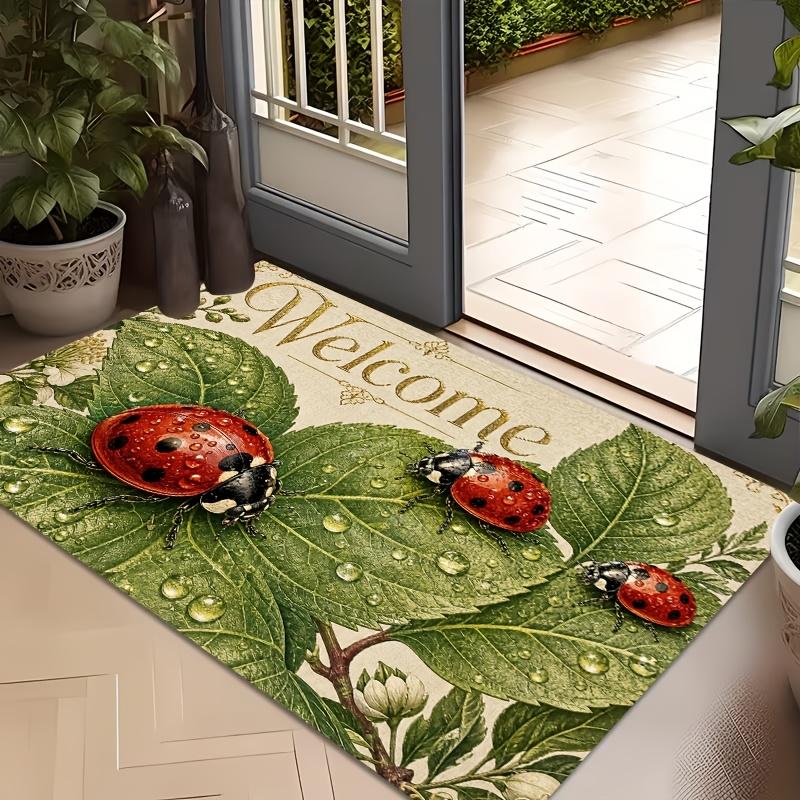 1pc, 2D Flat Printing Ladybug and Green Leaves Entrance Doormat, Non-Slip Machine Washable Easy-to-Clean Polyester Mat, Suitable for Home and Outdoor