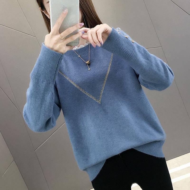 Pofulove Women Lace Round Neck Button Long Sleeve Sweater Slim Warm Pullover Undershirt Sweatshirts