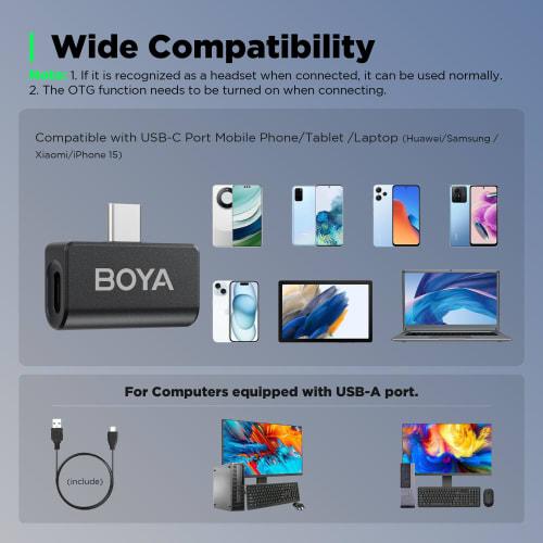 BOYA Omic-U Android Smartphone Wireless Pin Microphone with Magnetic Clip, Wireless Charging, 48KHz HD Sound Quality, Omnidirectional Noise Cancellati