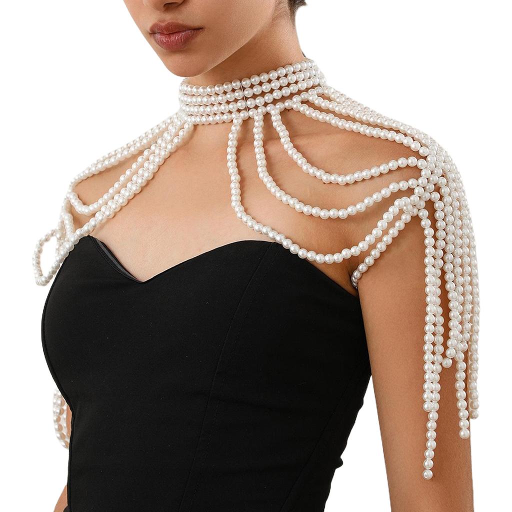Elegant Pearls Tassels Body Chain Hand Beading Collar Necklace for Lady Pearls Chain Necklace for Party/Club